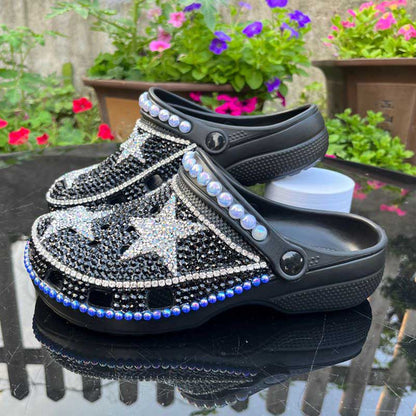 Womens Closed Toe Clog Shoes Rhinestone Beads Mules Black Slip on Sandals