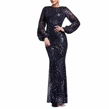 Long Sleeve Maxi Dress Black Sequin Mermaid Prom Dress