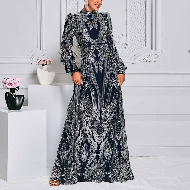 Long Sleeve Sequin Prom Dress Dark Blue Evening Gown Wedding Party Cocktail Dress