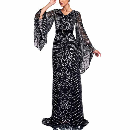 Long Pagoda Sleeves Maxi Dress Black Sequined Formal Event Gowns