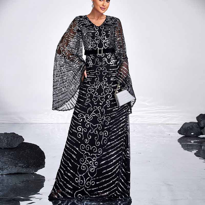 Long Pagoda Sleeves Maxi Dress Black Sequined Formal Event Gowns