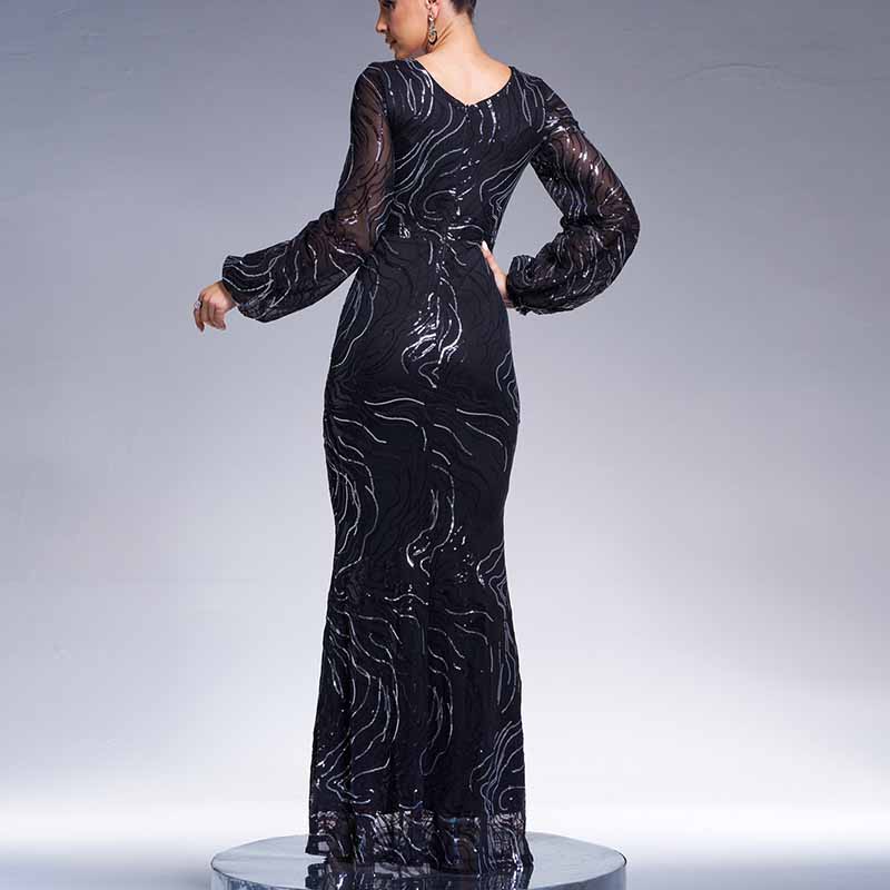 Long Sleeve Maxi Dress Black Sequin Mermaid Prom Dress