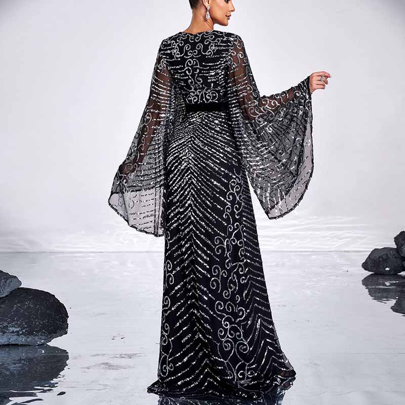 Long Pagoda Sleeves Maxi Dress Black Sequined Formal Event Gowns