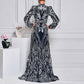 Long Sleeve Sequin Prom Dress Dark Blue Evening Gown Wedding Party Cocktail Dress