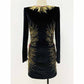 Women Golden / Multicolor Sequined Pattern Velvet Long Sleeves Mini Dress