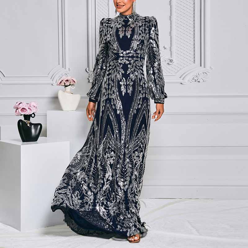 Long Sleeve Sequin Prom Dress Dark Blue Evening Gown Wedding Party Cocktail Dress