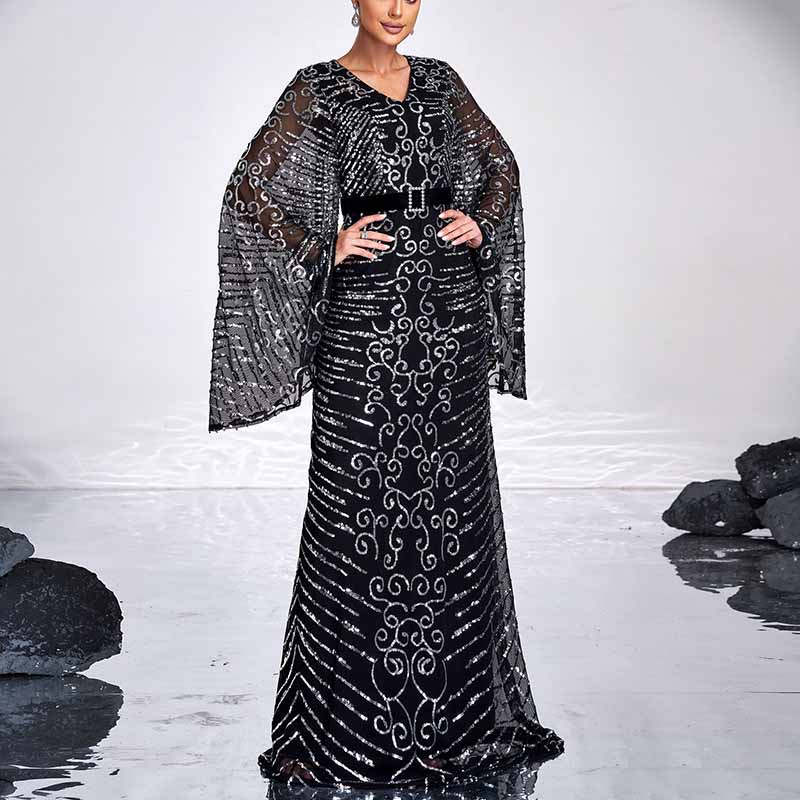 Long Pagoda Sleeves Maxi Dress Black Sequined Formal Event Gowns