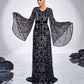 Long Pagoda Sleeves Maxi Dress Black Sequined Formal Event Gowns