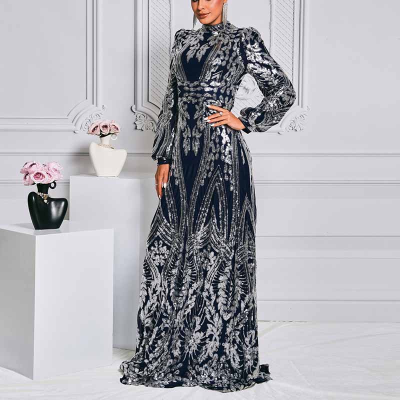 Long Sleeve Sequin Prom Dress Dark Blue Evening Gown Wedding Party Cocktail Dress