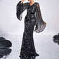 Long Pagoda Sleeves Maxi Dress Black Sequined Formal Event Gowns