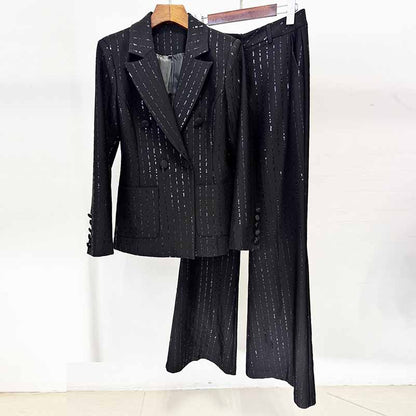 Women's Black Sequin Stripe Pantsuit Set – Blazer & Trousers 2-Piece Outfit