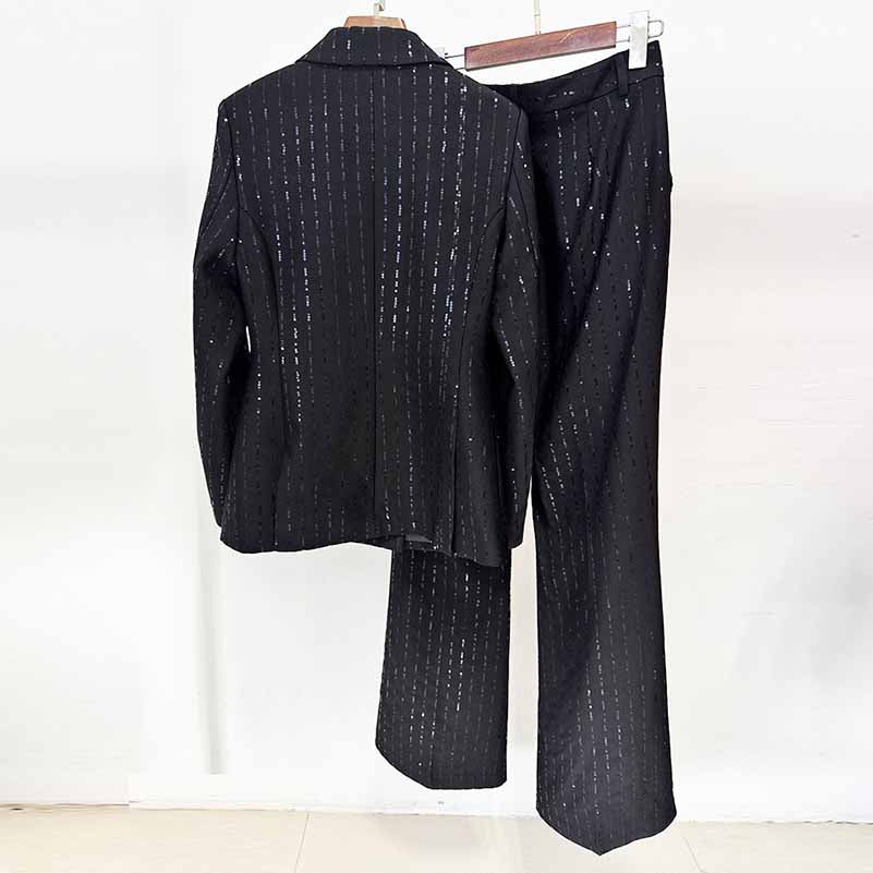 Women's Black Sequin Stripe Pantsuit Set – Blazer & Trousers 2-Piece Outfit