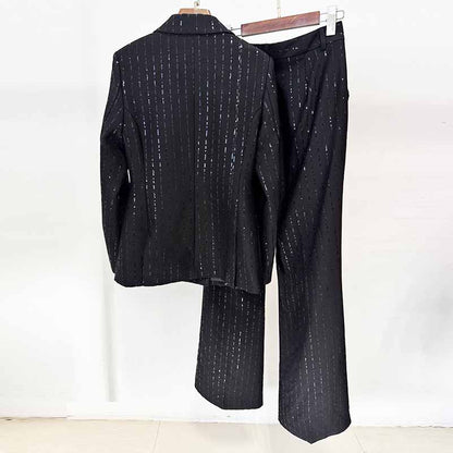 Women's Black Sequin Stripe Pantsuit Set – Blazer & Trousers 2-Piece Outfit