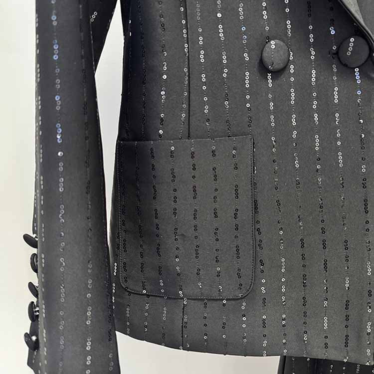 Women's Black Sequin Stripe Pantsuit Set – Blazer & Trousers 2-Piece Outfit