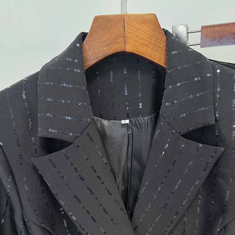 Women's Black Sequin Stripe Pantsuit Set – Blazer & Trousers 2-Piece Outfit
