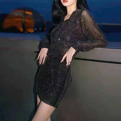 Rhineston Long-Sleeve Mini Shirtdress Set 2 pcs Skirt Suit