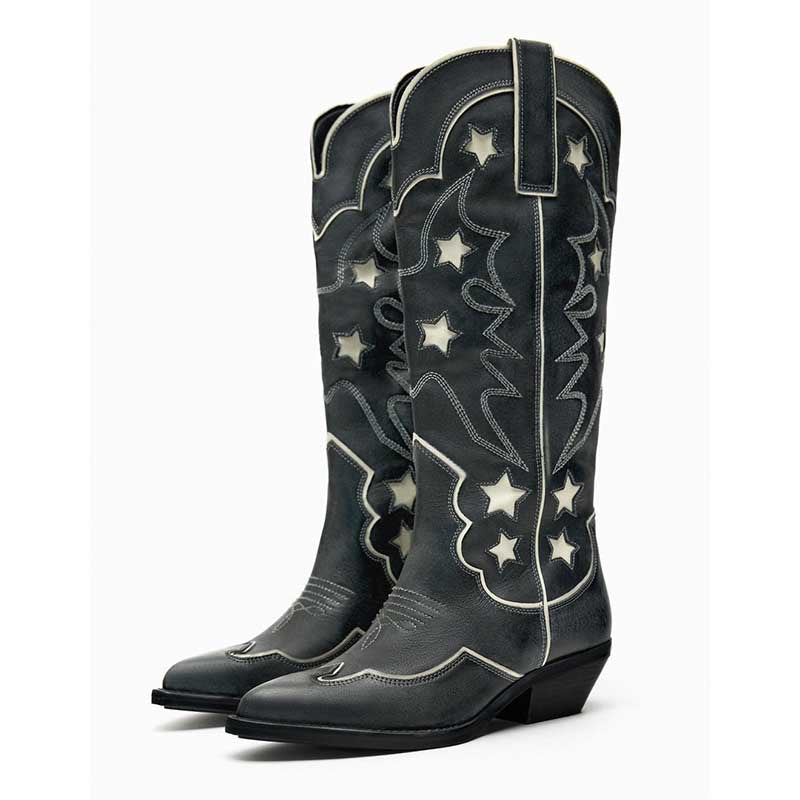 Women Black Star Embroidered Cowboy Boots Mid Calf Cowgirl Boots Chunky Heel Boots