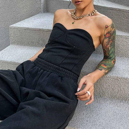 Women's black Strapless Pantsuit Casual Crop + Wide Legs Pants Suit