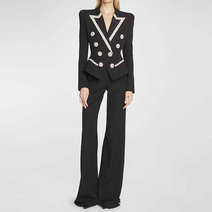 Women Double Beaded Formal Pantsuits Black Two Pieces Party Suit