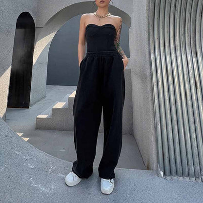 Women's black Strapless Pantsuit Casual Crop + Wide Legs Pants Suit