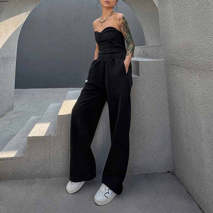 Women's black Strapless Pantsuit Casual Crop + Wide Legs Pants Suit