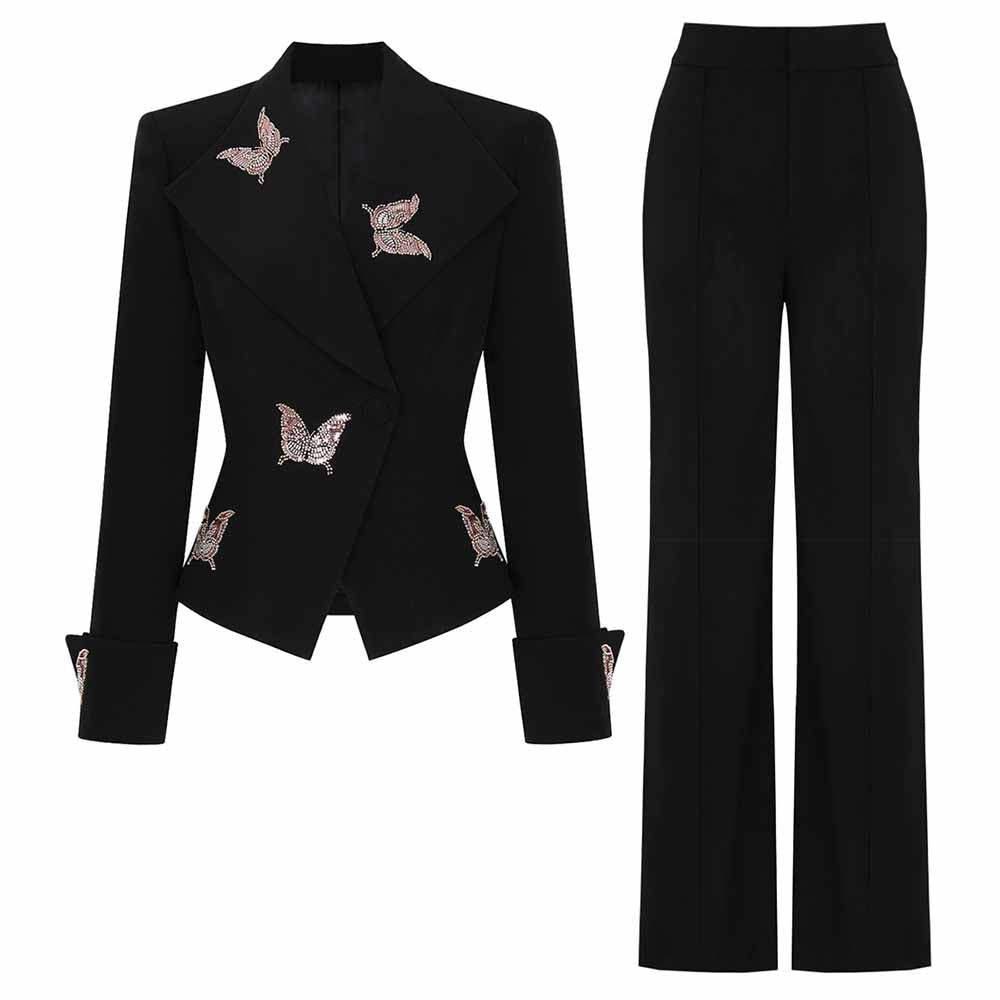 Stylish embroidered butterfly blazer set featuring a fitted blazer and tailored pants in black