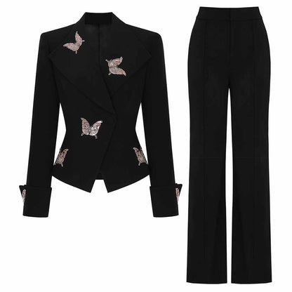 Stylish embroidered butterfly blazer set featuring a fitted blazer and tailored pants in black