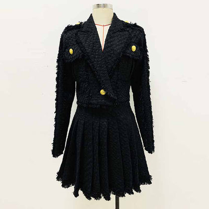 Women Black Tweed V-Neck Blazer + Mid- Waist Skirt Suit / Birthday Party Set