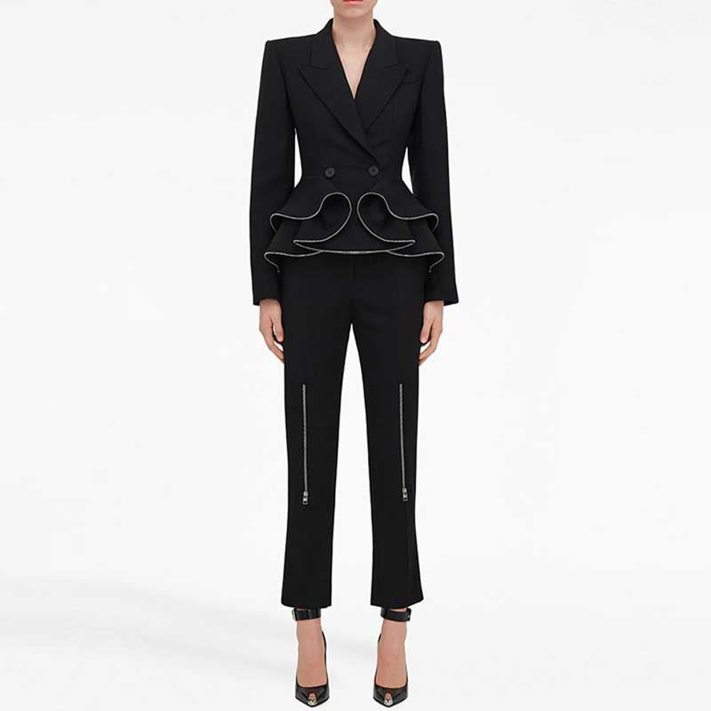 Women's Zip Detail Long Trousers Suit Pantsuit in Black