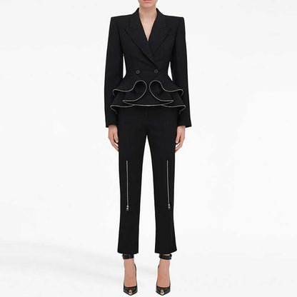 Women's Zip Detail Long Trousers Suit Pantsuit in Black