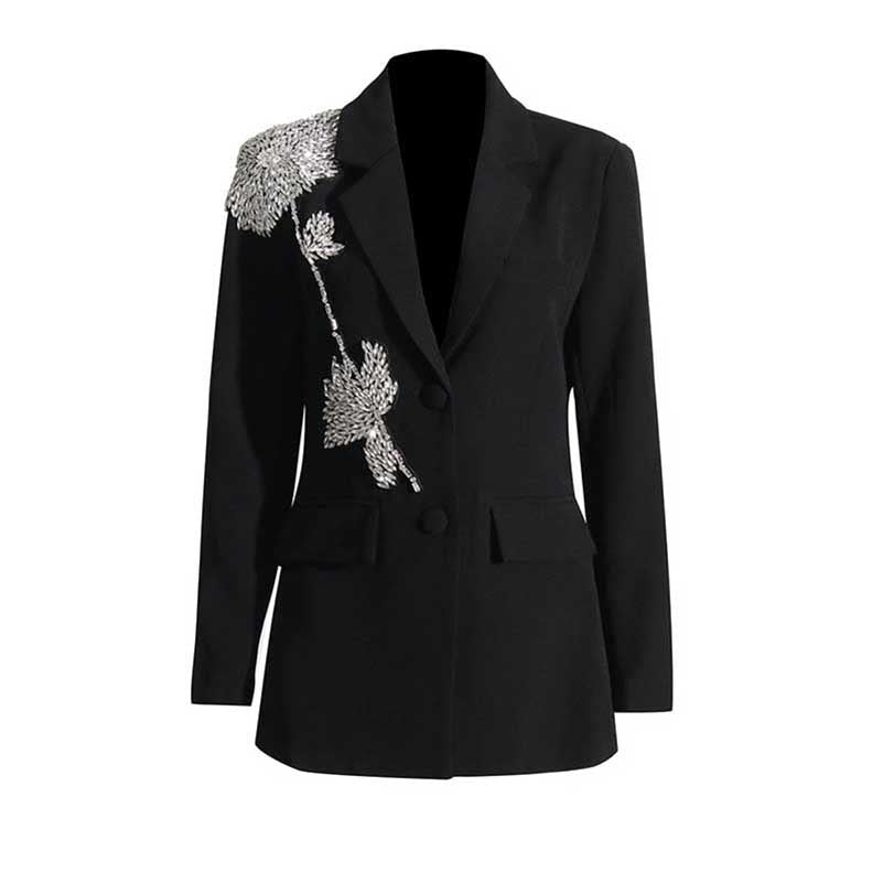 Women's Sparkly Rhinestone Embellished Blazer Black Formal Coat with Pocket