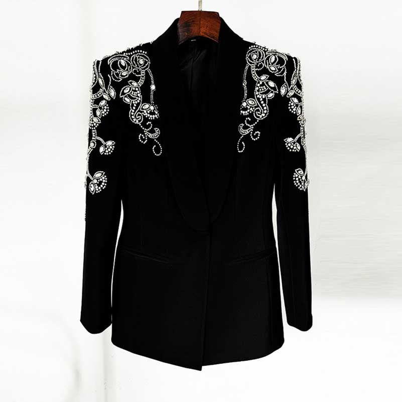 Women Black Studded Beaded Blazer Long Skirt Suit Jacket with Split Fish Tail Skirt Formal Suit