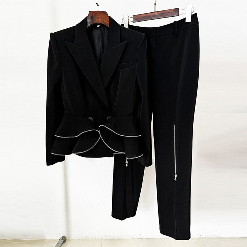 Women's Zip Detail Long Trousers Suit Pantsuit in Black