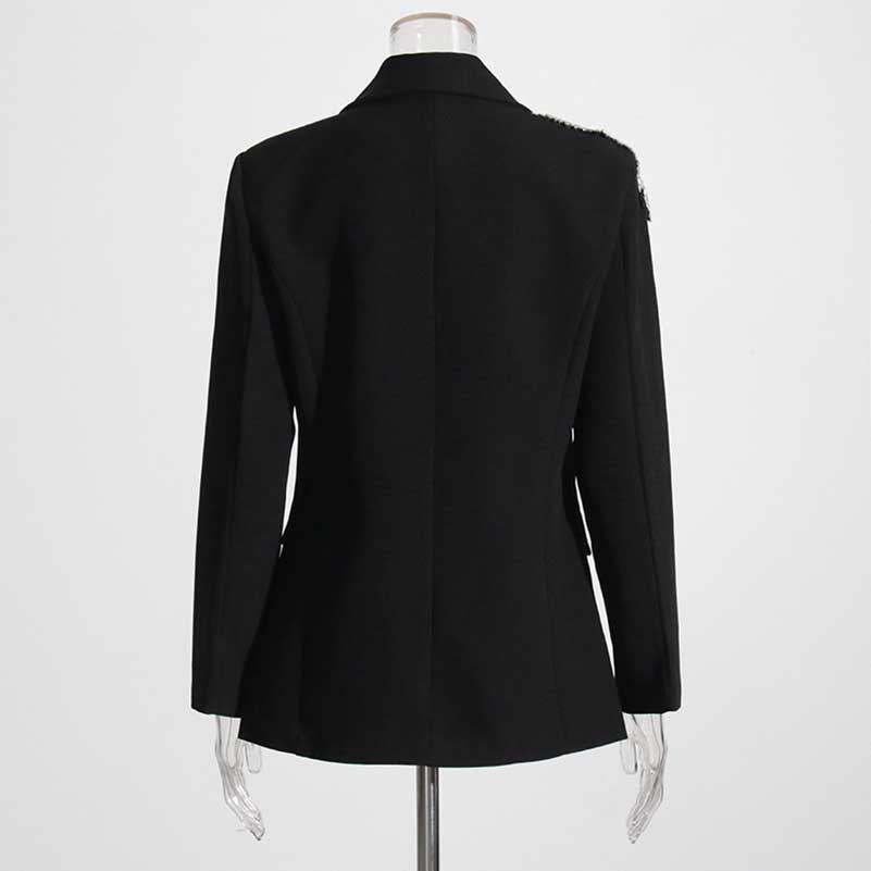 Women's Sparkly Rhinestone Embellished Blazer Black Formal Coat with Pocket