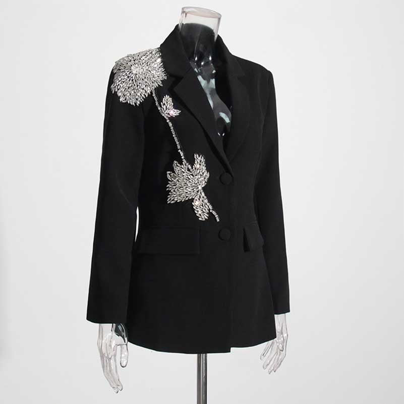 Women's Sparkly Rhinestone Embellished Blazer Black Formal Coat with Pocket