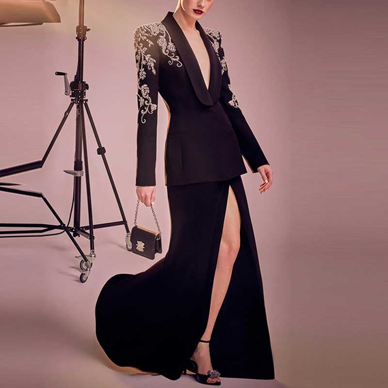 Women Black Studded Beaded Blazer Long Skirt Suit Jacket with Split Fi – SD  Dresscode & Fashiontrends