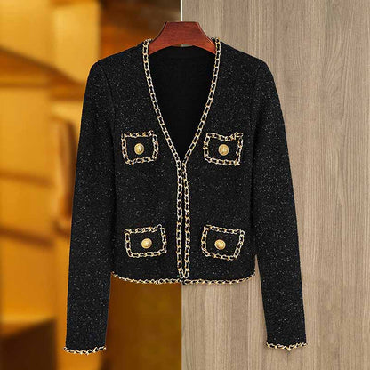 Women Black Short Sequinned Jacket With Gold Chaim