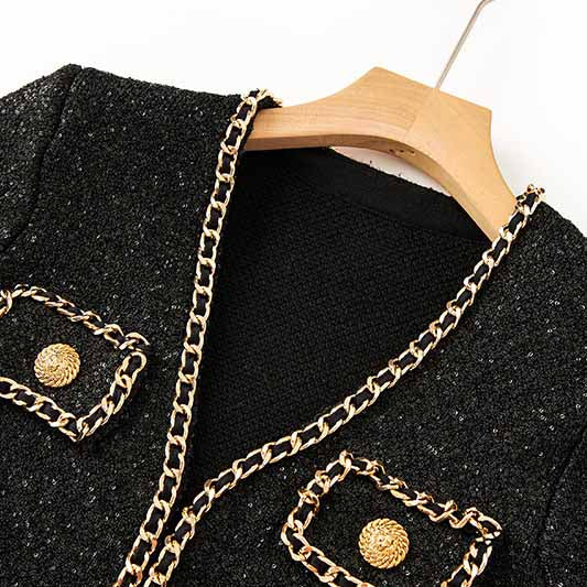 Women Black Short Sequinned Jacket With Gold Chaim