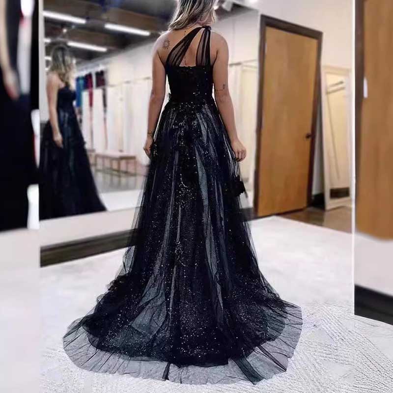 Women's One Shoulder Tulle Bridesmaid Dress Evening Maxi Dresses