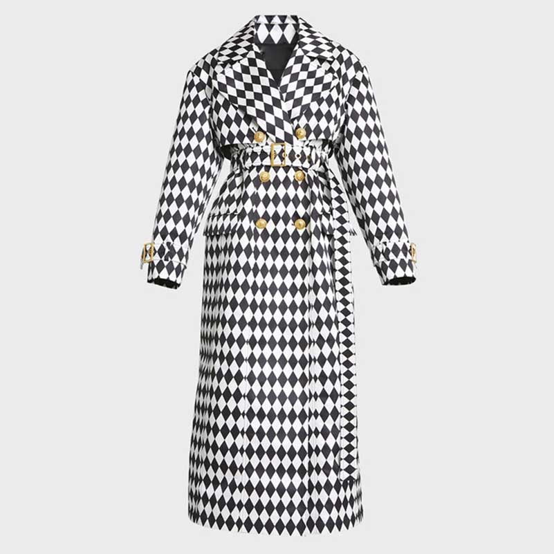 Women's Black and White Belted Trench Coat