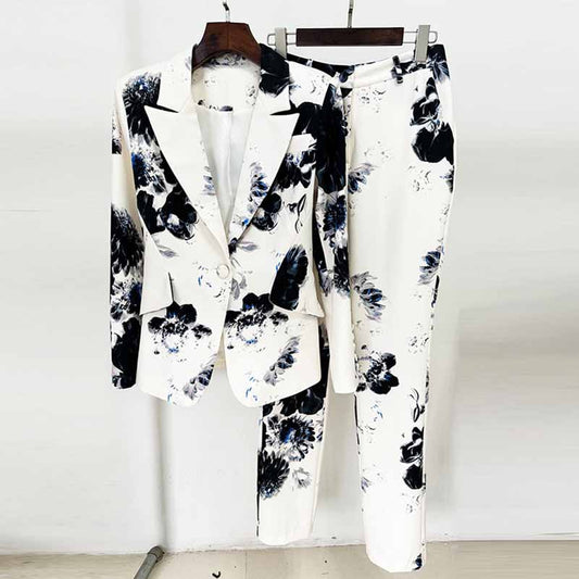 Women Floral Print Suit One Button Pantsuit