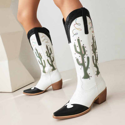 Women Cowboy Boots Block Heel Knee High Boots Retro Floral Bootie
