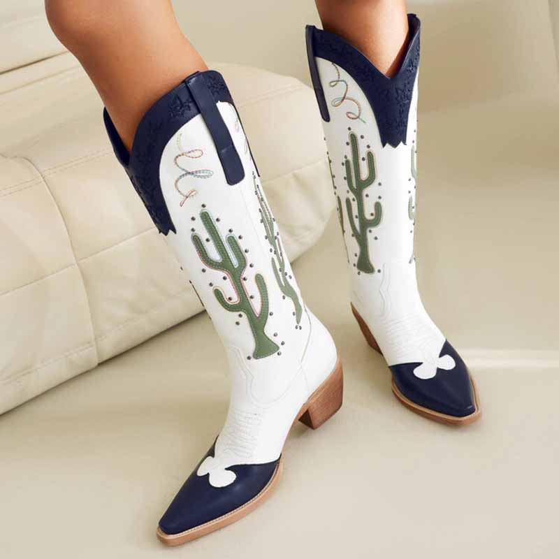 Women Cowboy Boots Block Heel Knee High Boots Retro Floral Bootie