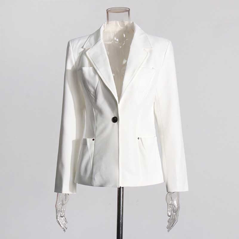 Women's Blazer Pocket Embellished V Neck One Button Jacket