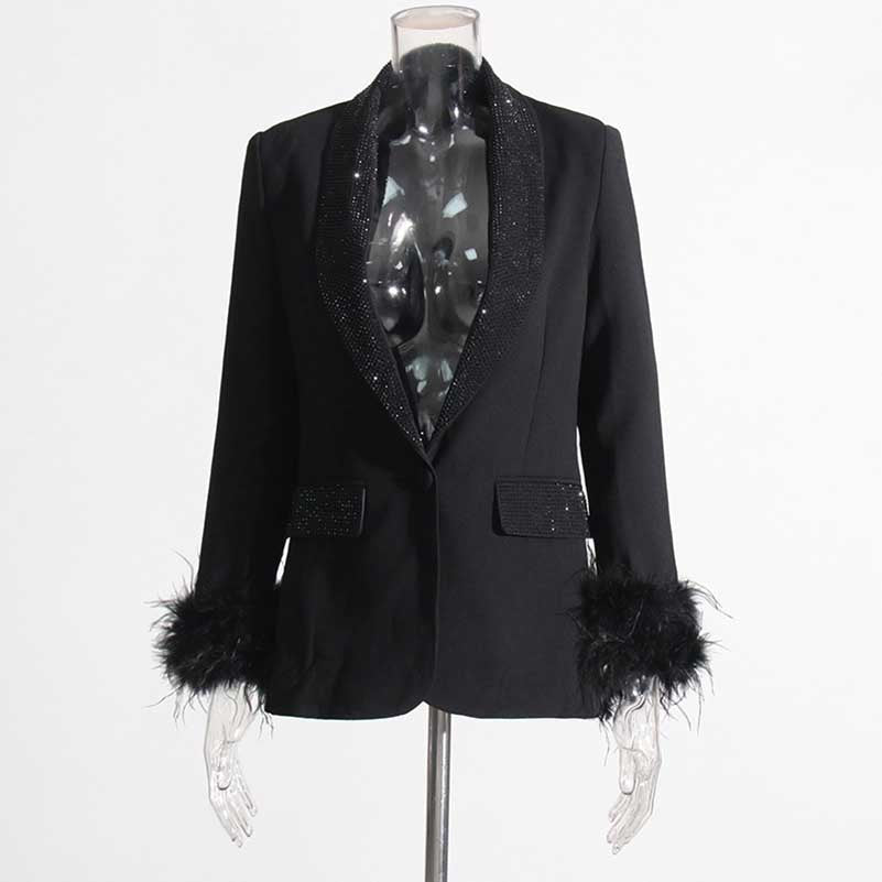 Long Sleeve Feather Crystal Blazer in Hot Pink, White, Black