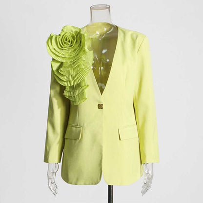 Women's Blazer Flower Embellished V Neck Single Button Jacket