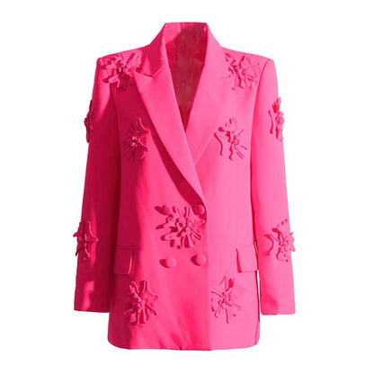 Women's Double Breated Peak Lapel Blazer with Flowers