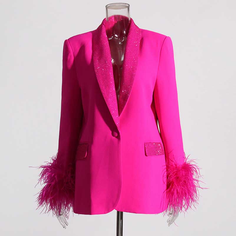 Long Sleeve Feather Crystal Blazer in Hot Pink, White, Black