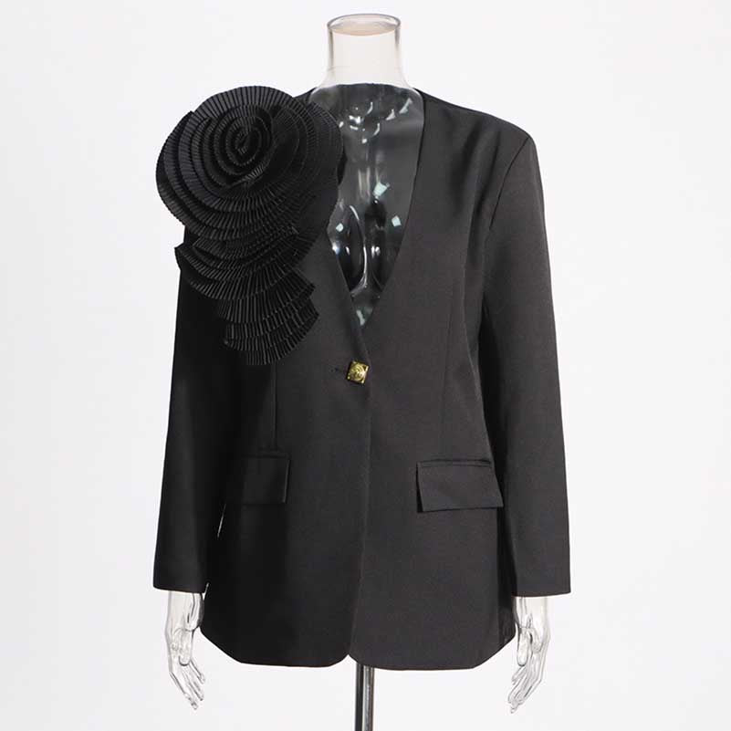 Women's Blazer Flower Embellished V Neck Single Button Jacket