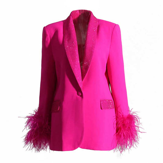 Long Sleeve Feather Crystal Blazer in Hot Pink, White, Black